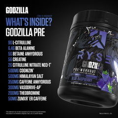RYSE Up Godzilla blue raspberry label highlighting key ingredients and caffeine.