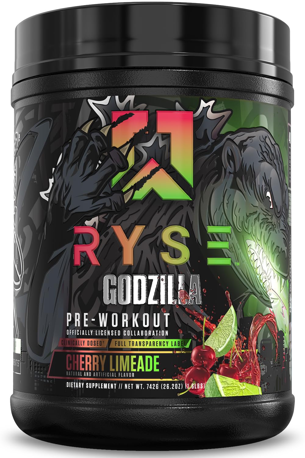 RYSE Godzilla Noel Deyzel pre-workout bottle with cherry limeade for steady energy.