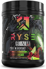 RYSE Godzilla Noel Deyzel pre-workout bottle with cherry limeade for steady energy.