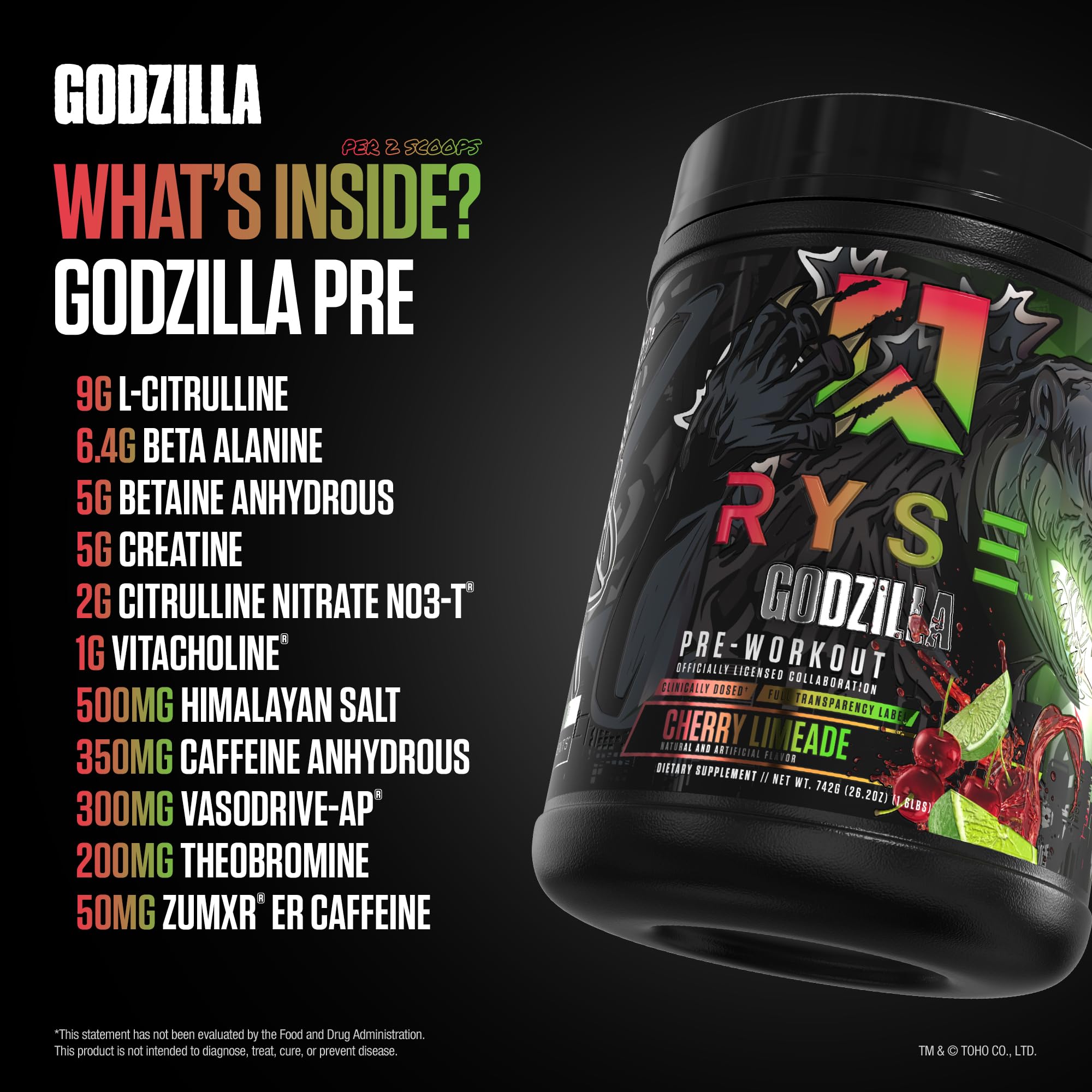 RYSE Godzilla label on tub emphasizes high-stim formula and 400 mg caffeine content.
