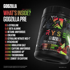 RYSE Godzilla label on tub emphasizes high-stim formula and 400 mg caffeine content.