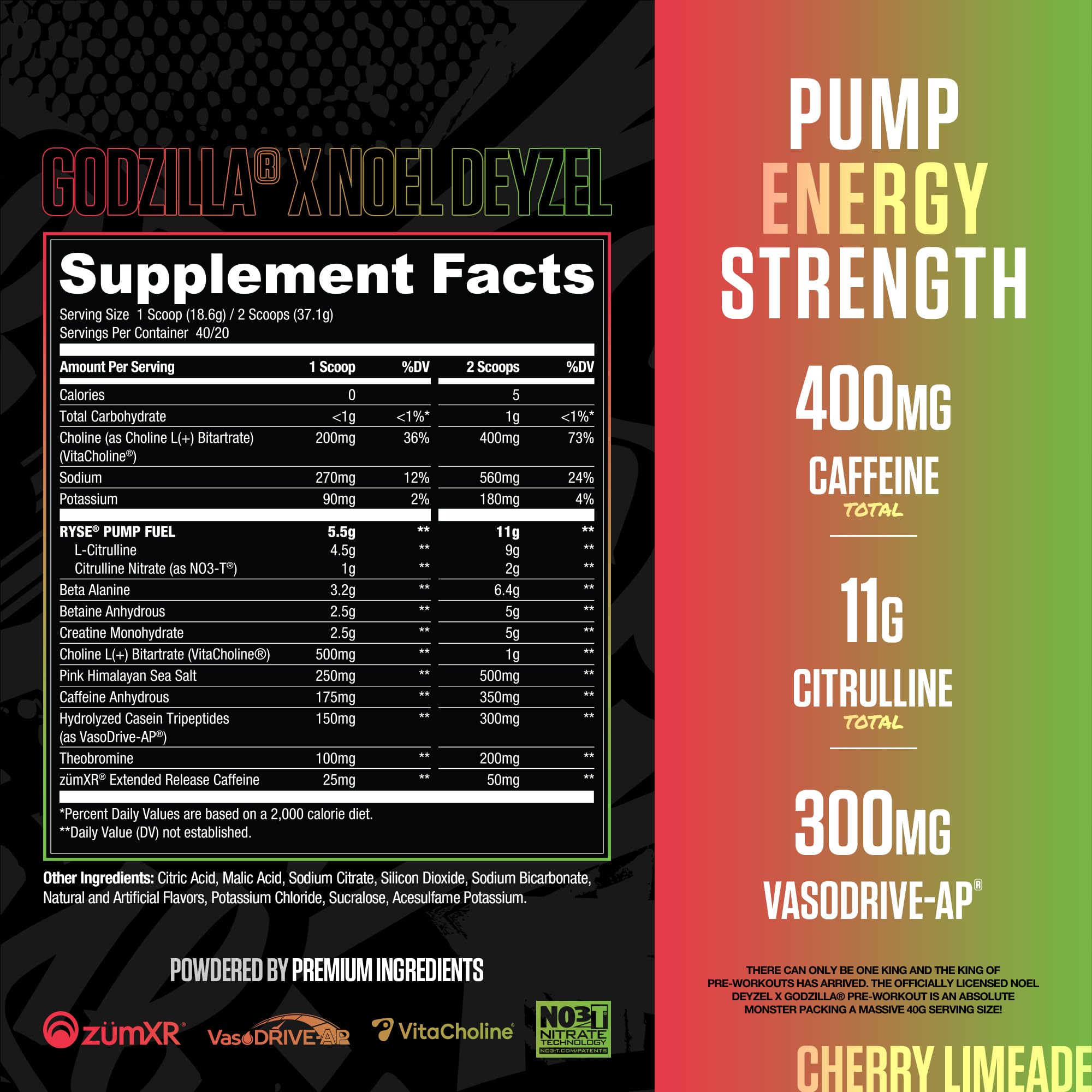 RYSE Godzilla pre-workout scoop reveals powder for quick mixing and a strong pump.