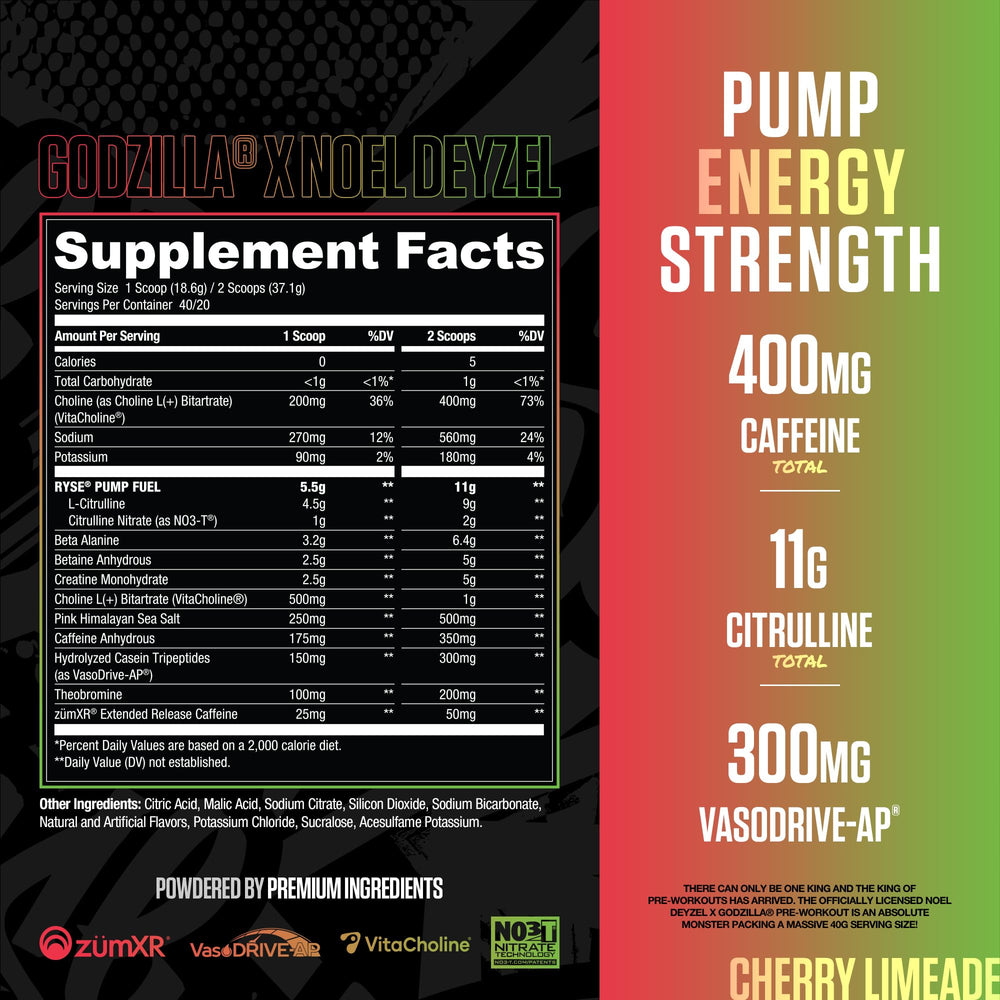 RYSE Godzilla pre-workout scoop reveals powder for quick mixing and a strong pump.