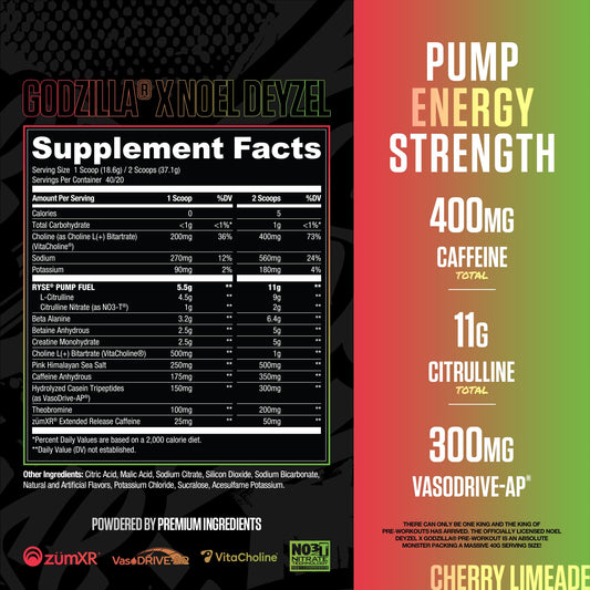 RYSE Godzilla pre-workout scoop reveals powder for quick mixing and a strong pump.