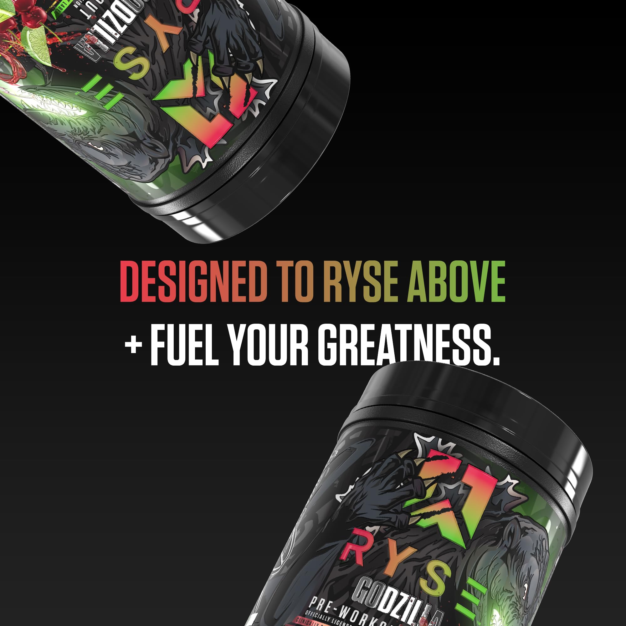 RYSE Godzilla Noel Deyzel tub with scoop and highlighted ingredients.