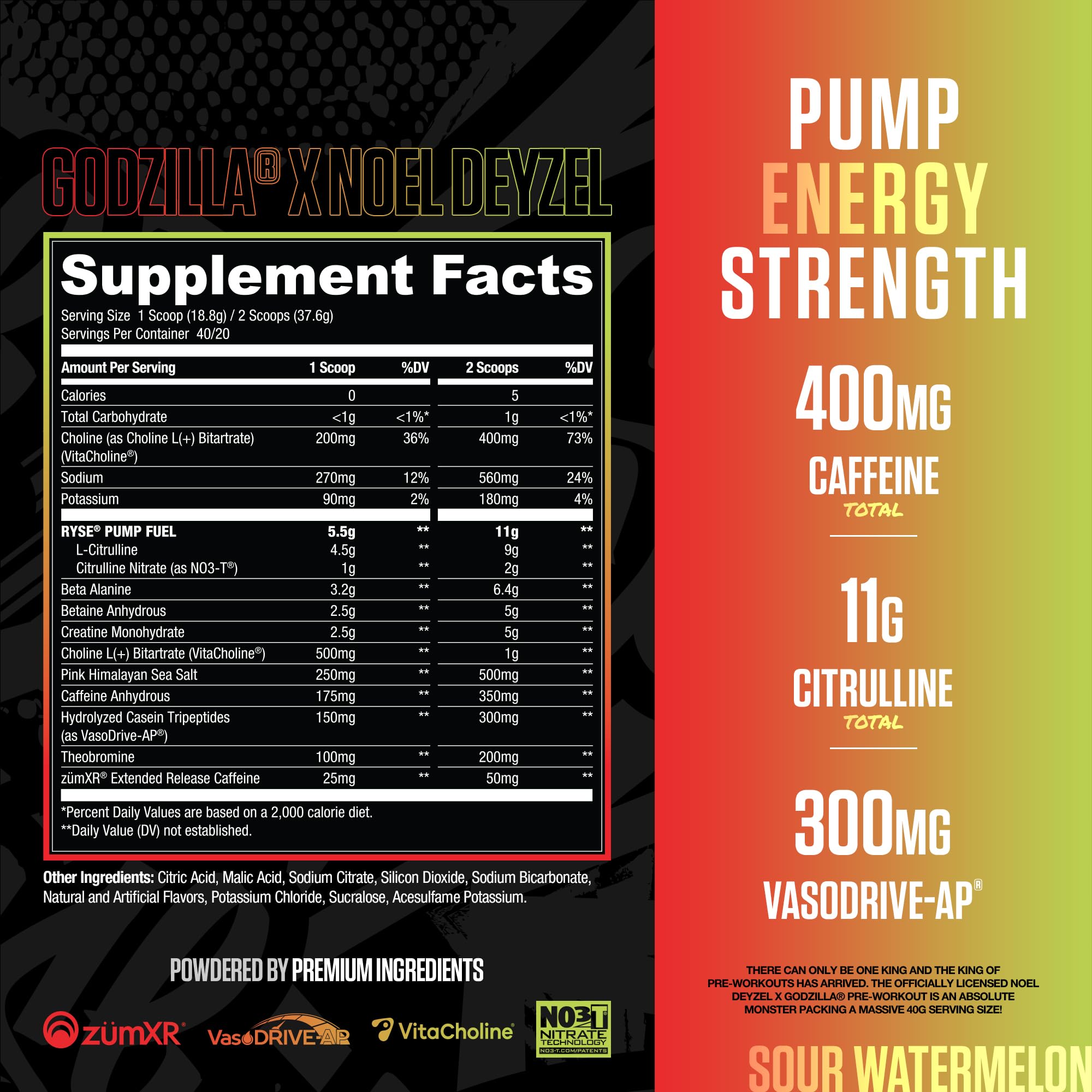 RYSE Godzilla Noel Deyzel bottle front highlighting high-stim formula for workouts