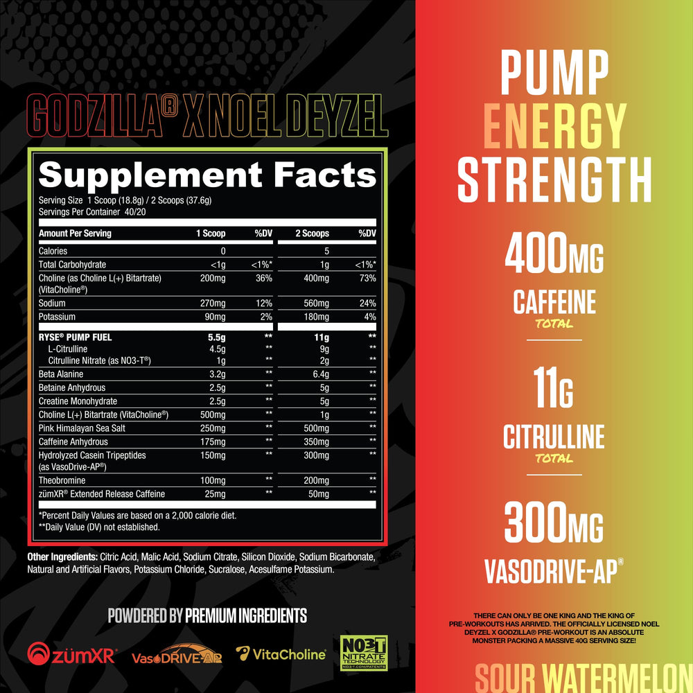 RYSE Godzilla Noel Deyzel bottle front highlighting high-stim formula for workouts