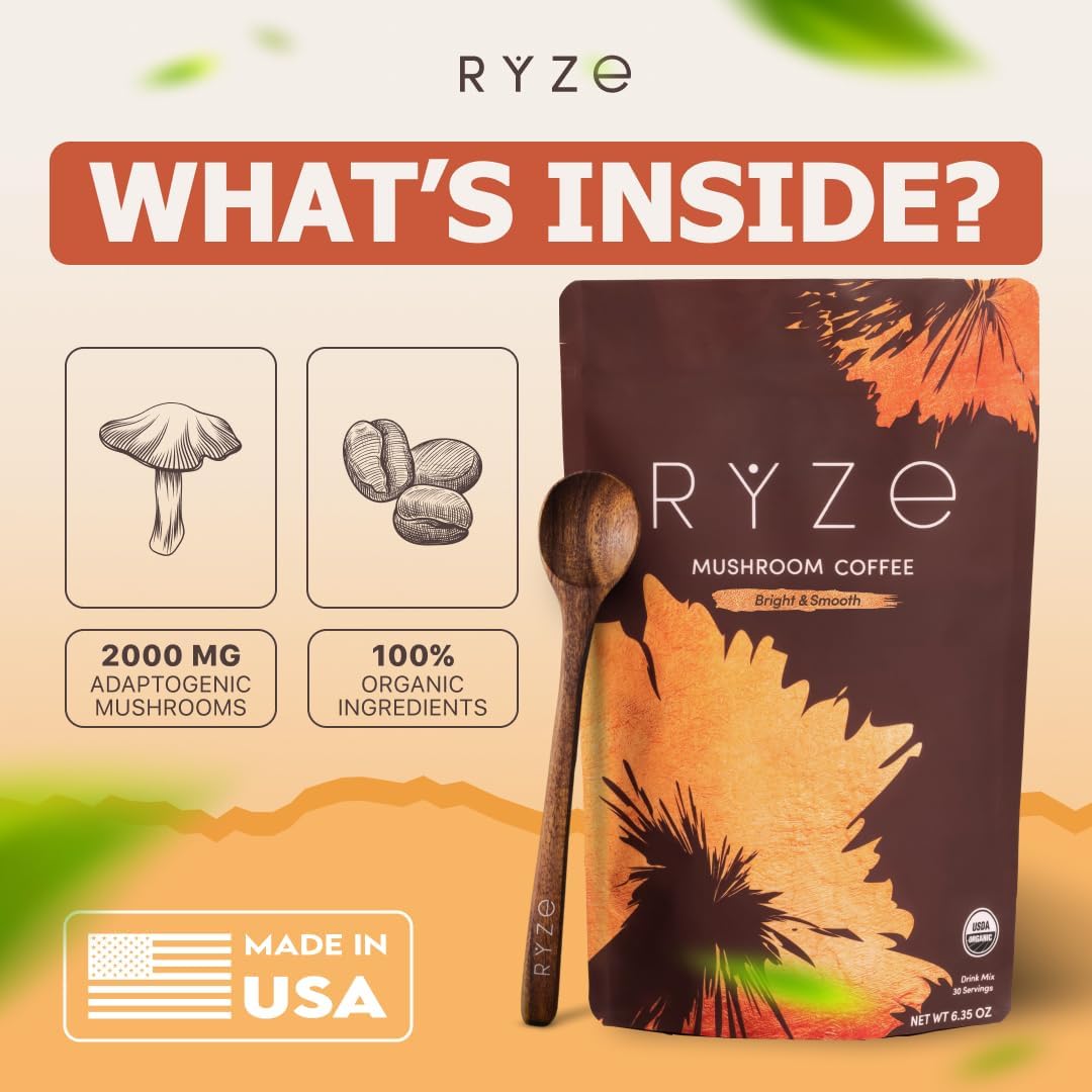 RYZE 30-serving bag displayed for everyday caffeine with less jitters.