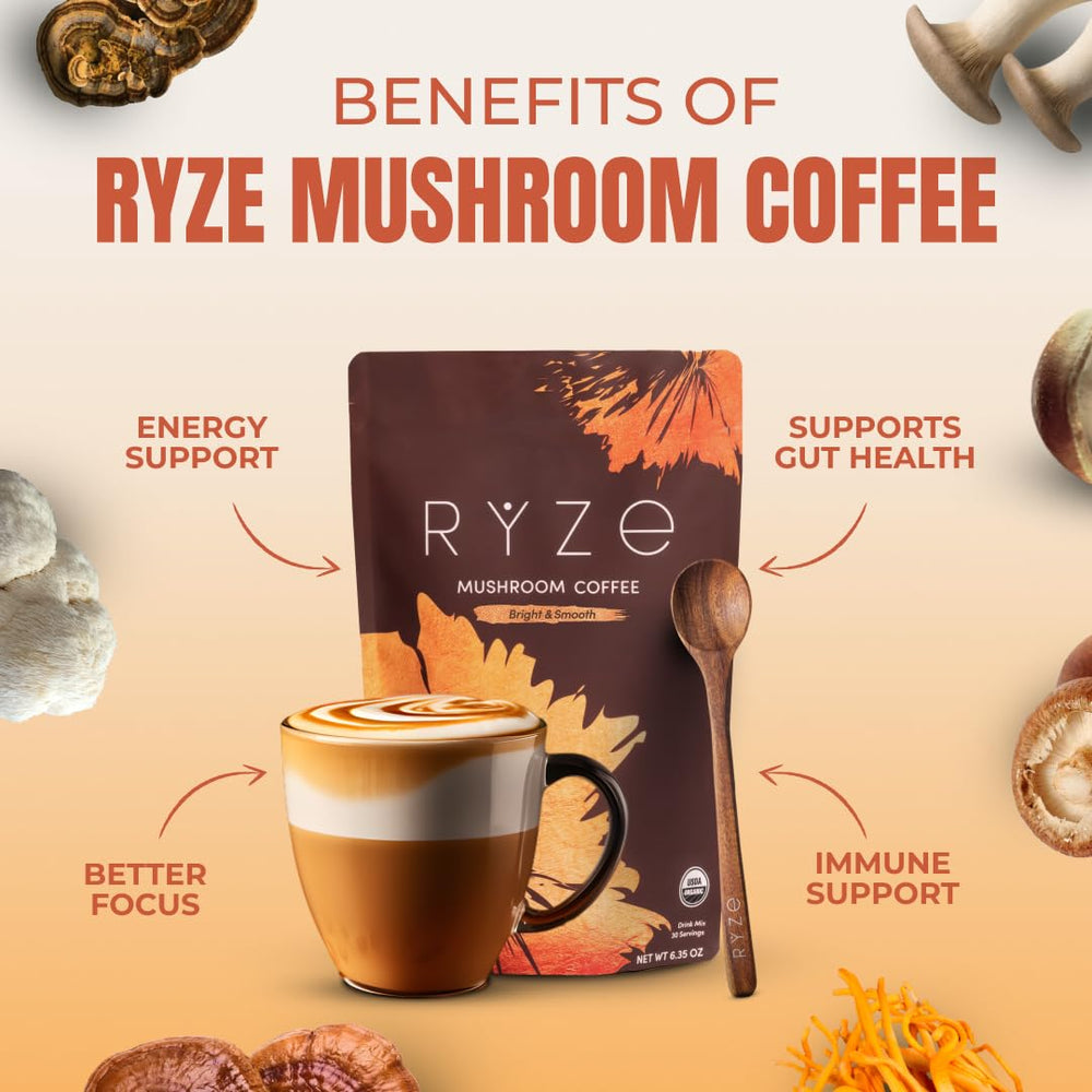 RYZE Mushroom Coffee bag with Mushroom Matcha showcases dual energy options.