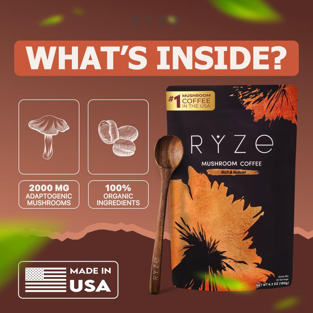 RYZE Mushroom Coffee Dark Roast California label emphasizing quality ingredients