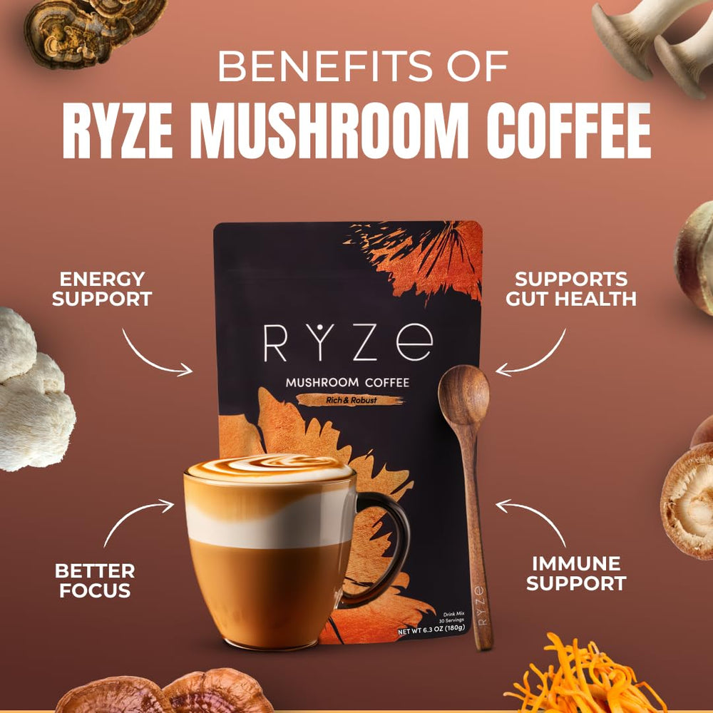RYZE Mushroom Coffee Dark Roast cup steaming signals quick focus at work