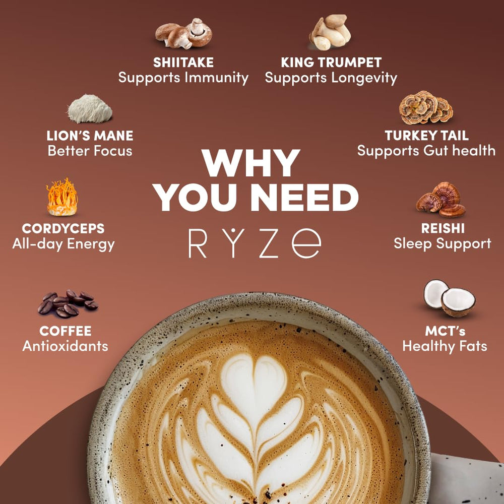 RYZE Mushroom Coffee Dark Roast close-up of mushrooms highlighting adaptogenic blend for focus