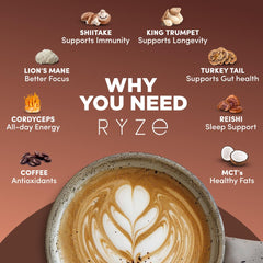 RYZE Mushroom Coffee Dark Roast close-up of mushrooms highlighting adaptogenic blend for focus