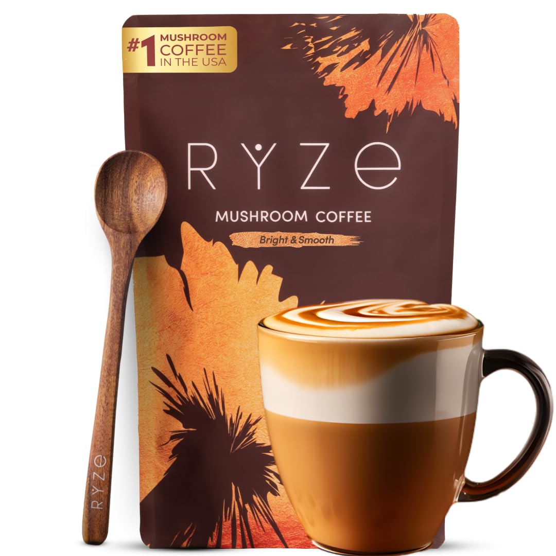 RYZE Mushroom Coffee canister displaying medium roast and organic blend for steady energy.