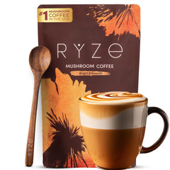 RYZE Mushroom Coffee canister displaying medium roast and organic blend for steady energy.