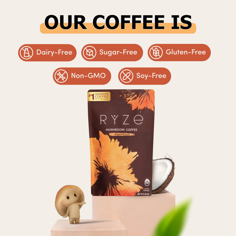 RYZE mug with steam rising, signaling a pleasant aroma for mornings.