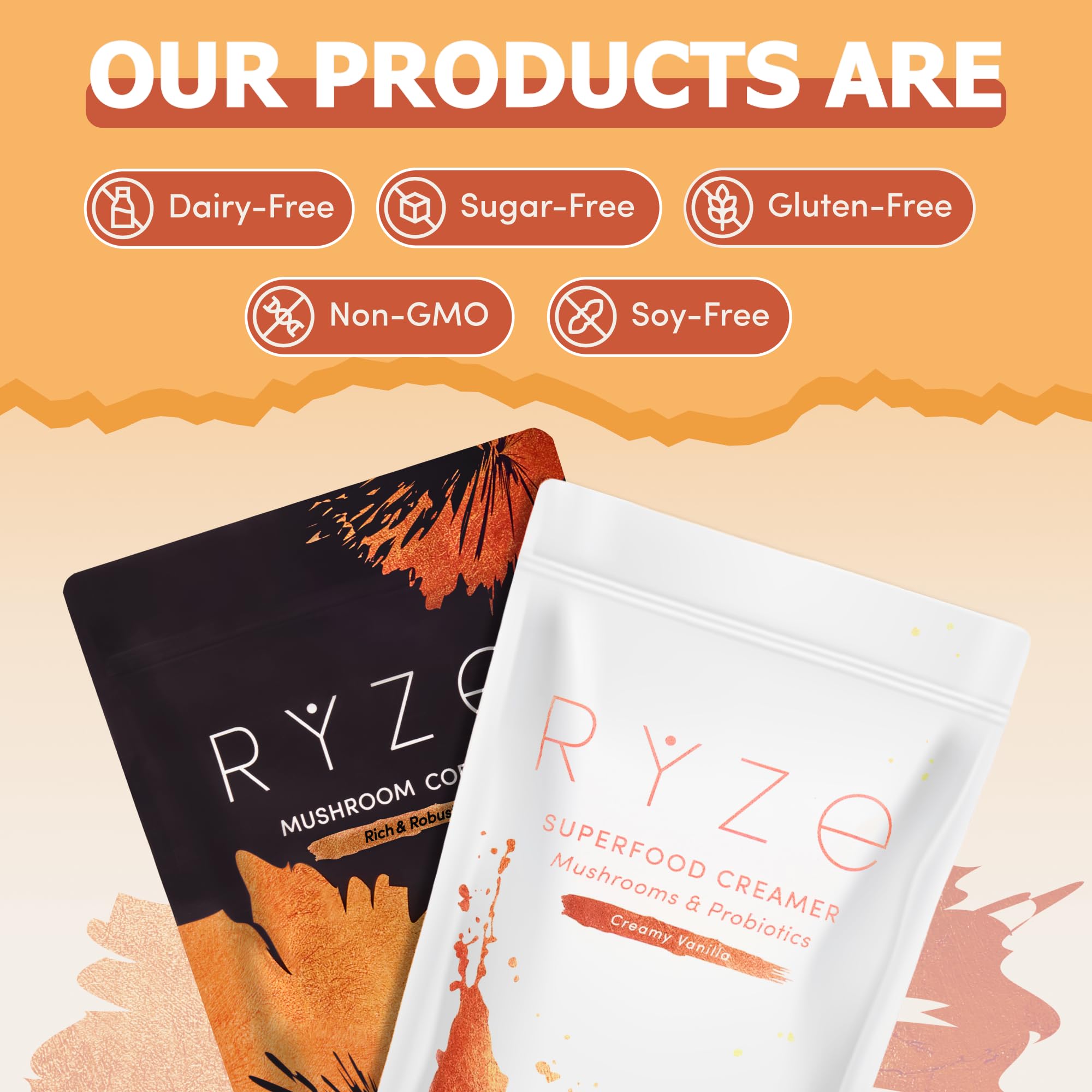 RYZE Superfoods immunity and digestion support shown in coffee and creamer combo.