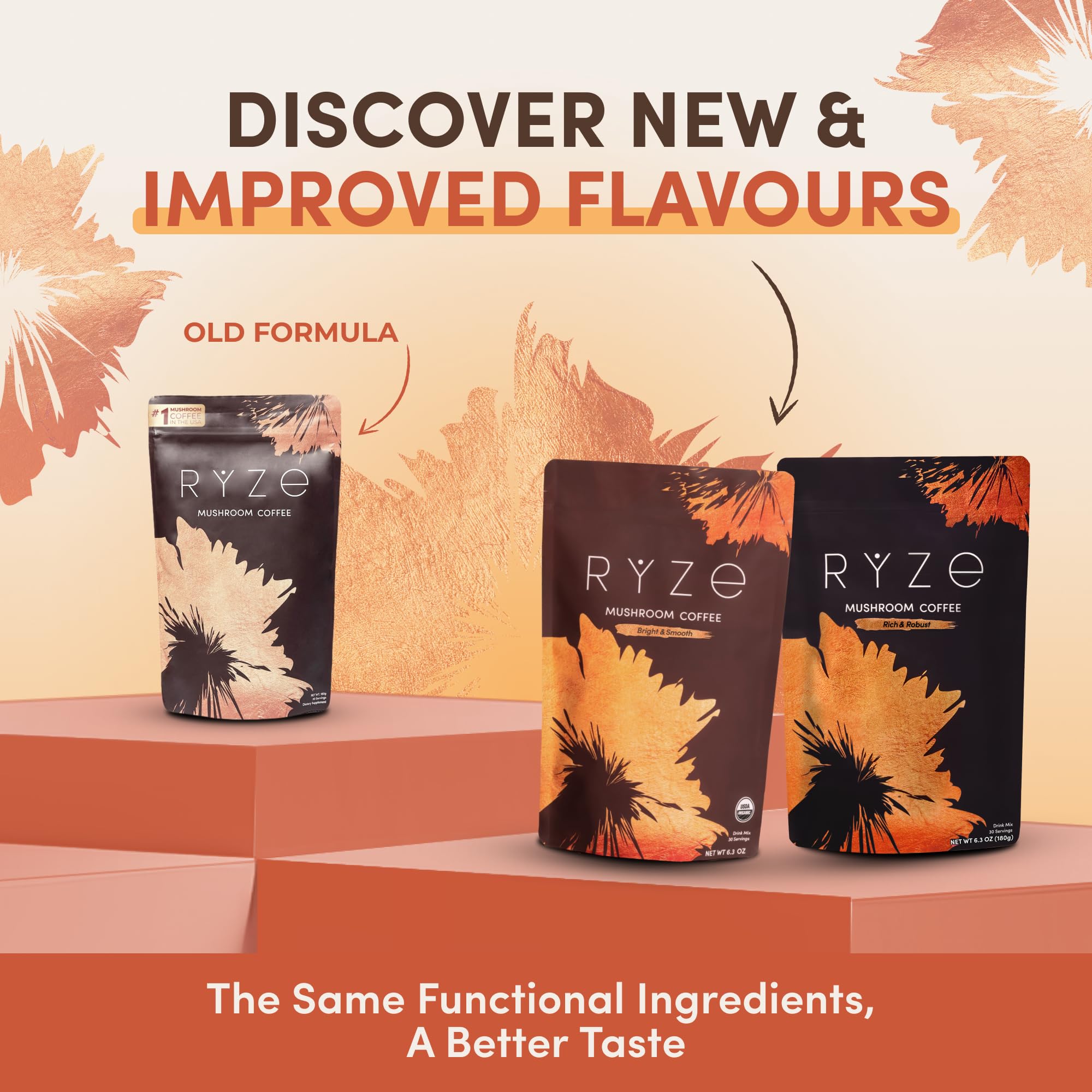RYZE SUPERFOODS Mushroom Coffee closeup shows powder texture and natural mushroom blend for energy