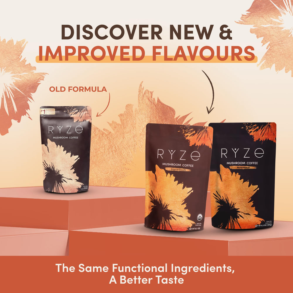 RYZE SUPERFOODS Mushroom Coffee closeup shows powder texture and natural mushroom blend for energy