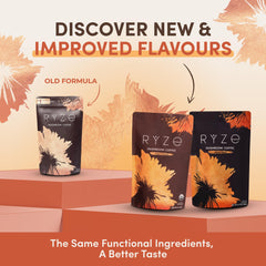 RYZE SUPERFOODS Mushroom Coffee closeup shows powder texture and natural mushroom blend for energy