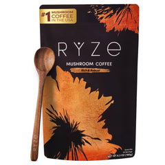 RYZE Superfoods mushroom coffee cup steam highlights six adaptogens for focus.