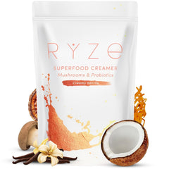 RYZE Superfoods probiotic creamer bottle demonstrates creamy texture and probiotic benefits.