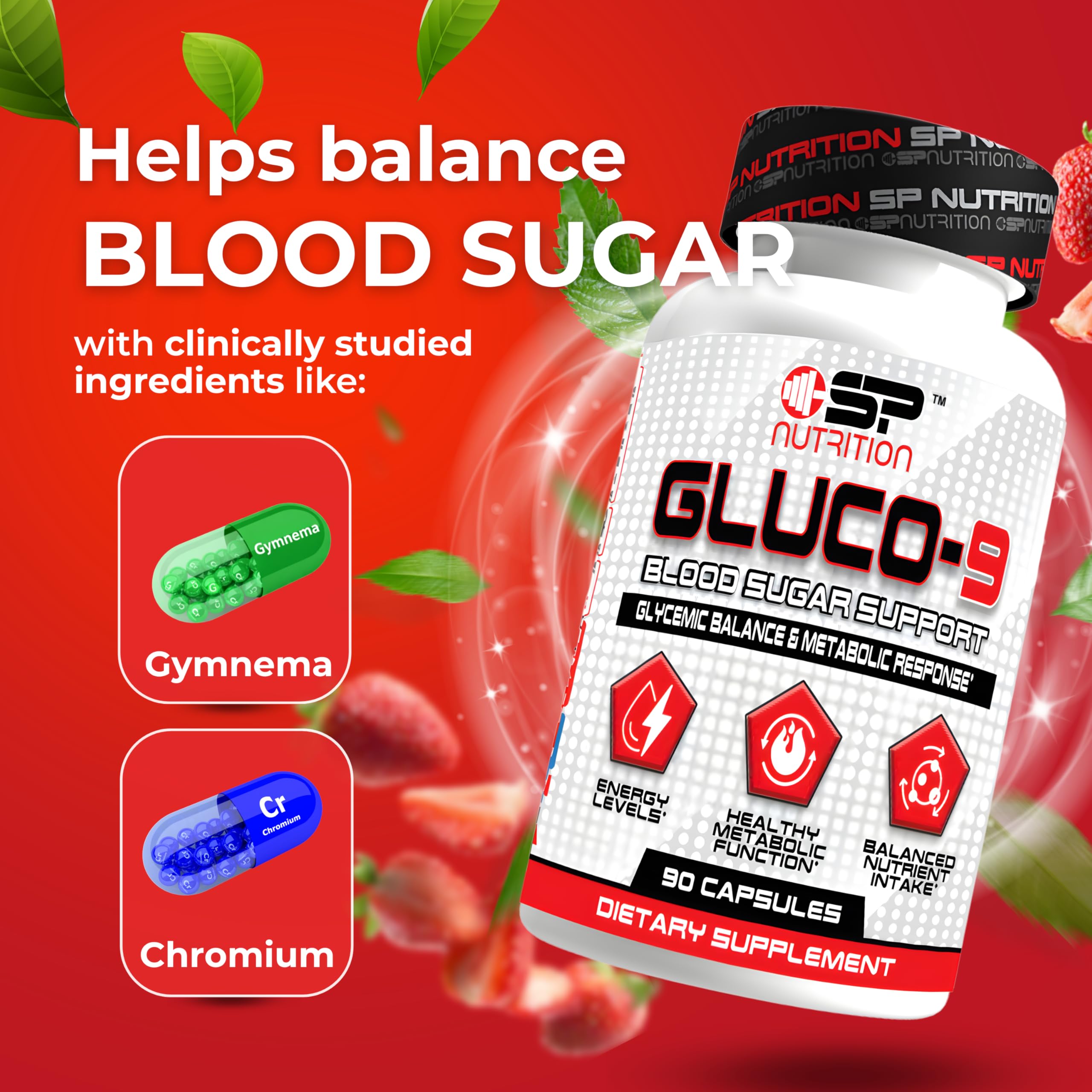 S Nutrition Gluco 9 bottle-label features cinnamon, chromium, and alpha lipoic acid ingredients