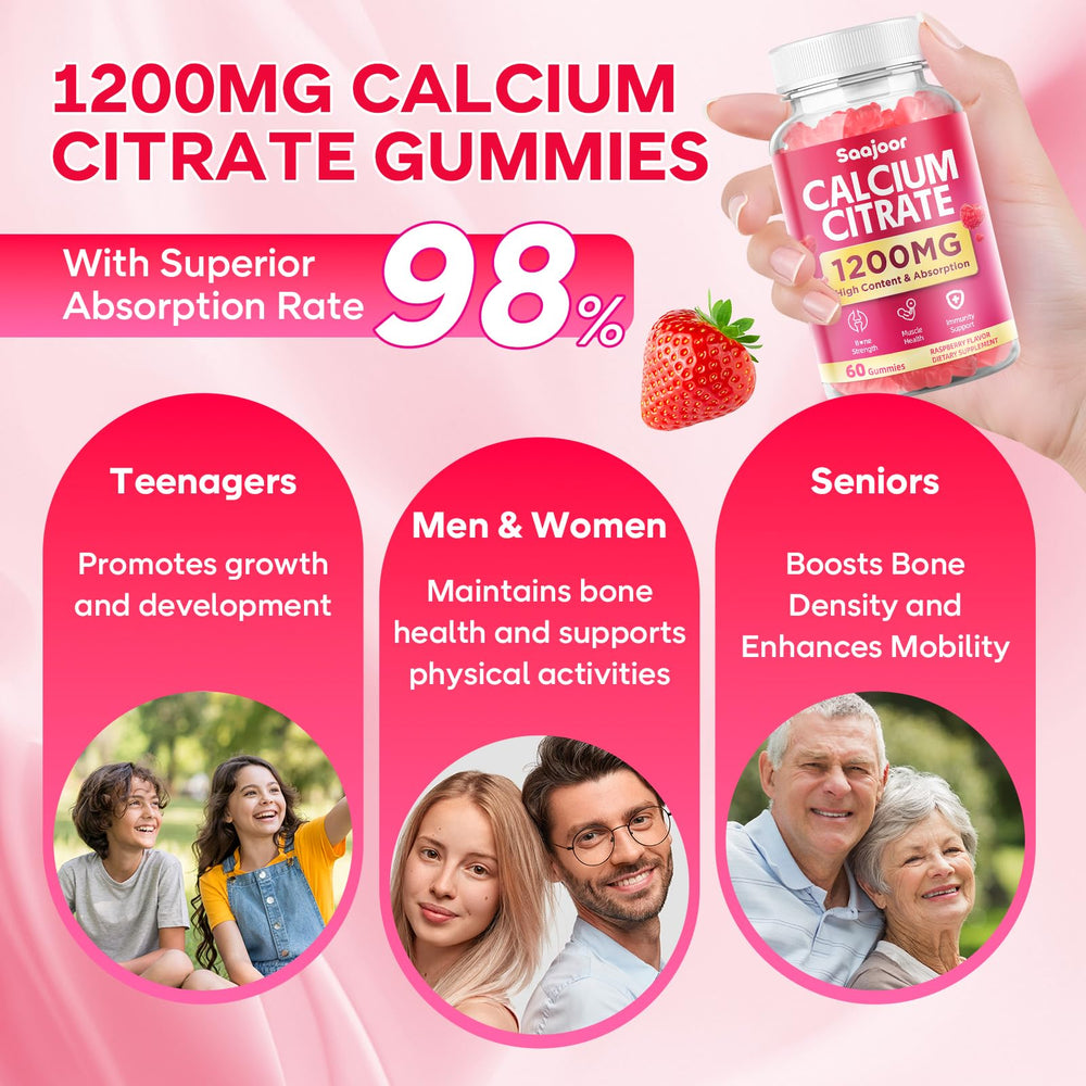 Saajoor calcium citrate gummies ingredient panel emphasizes vegan non GMO formula