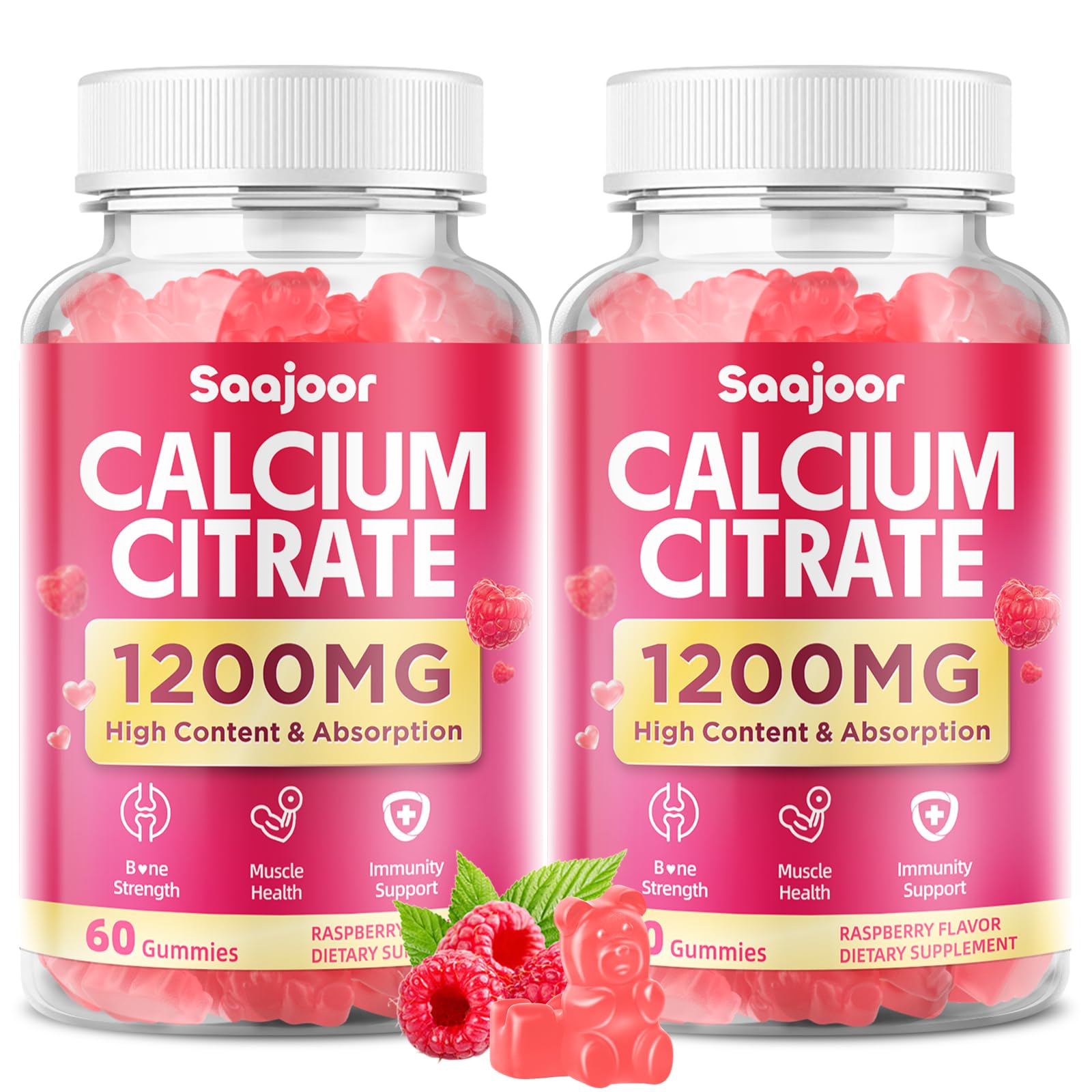Saajoor calcium citrate gummies raspberry bottle offering convenient daily calcium support