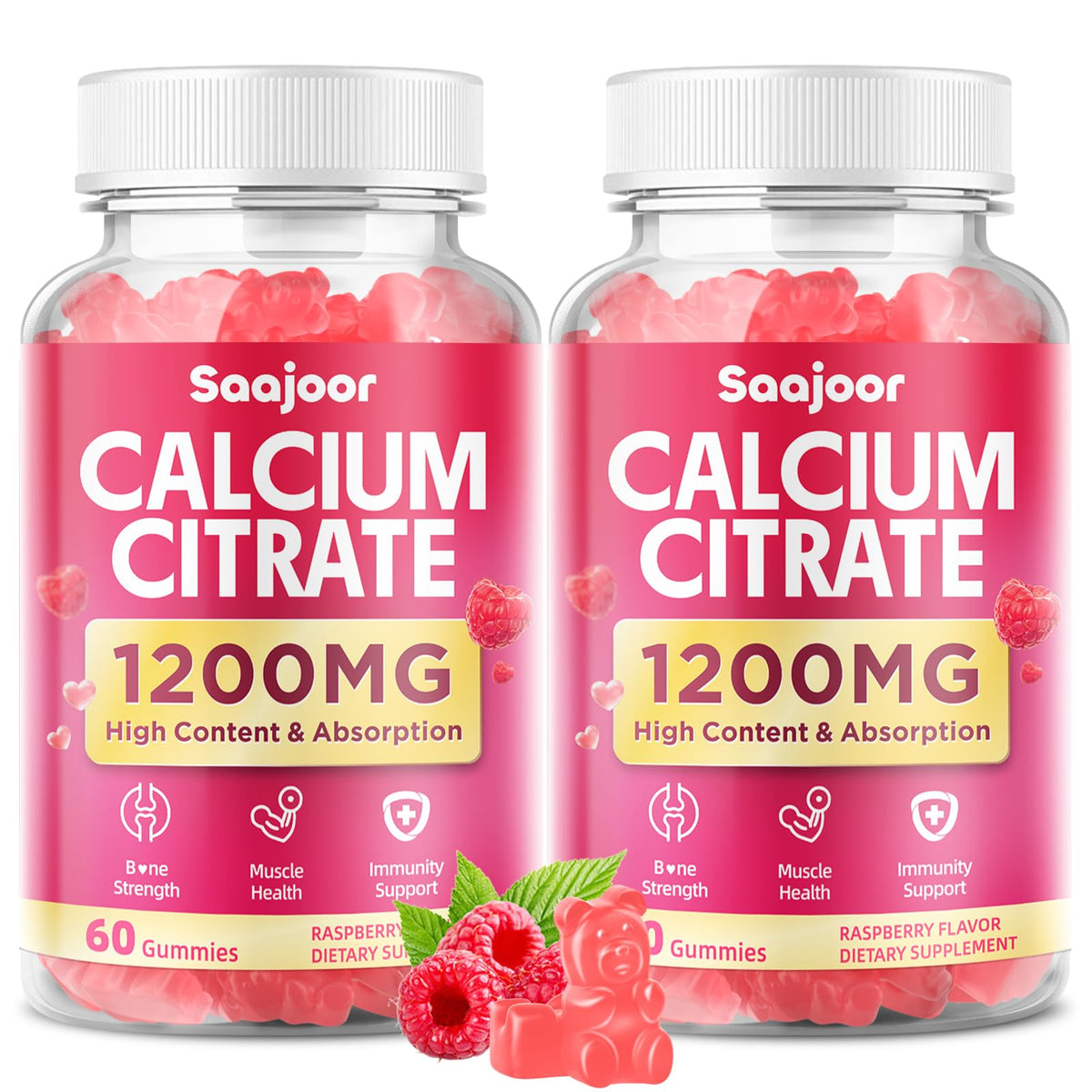 Saajoor calcium citrate gummies raspberry bottle offering convenient daily calcium support