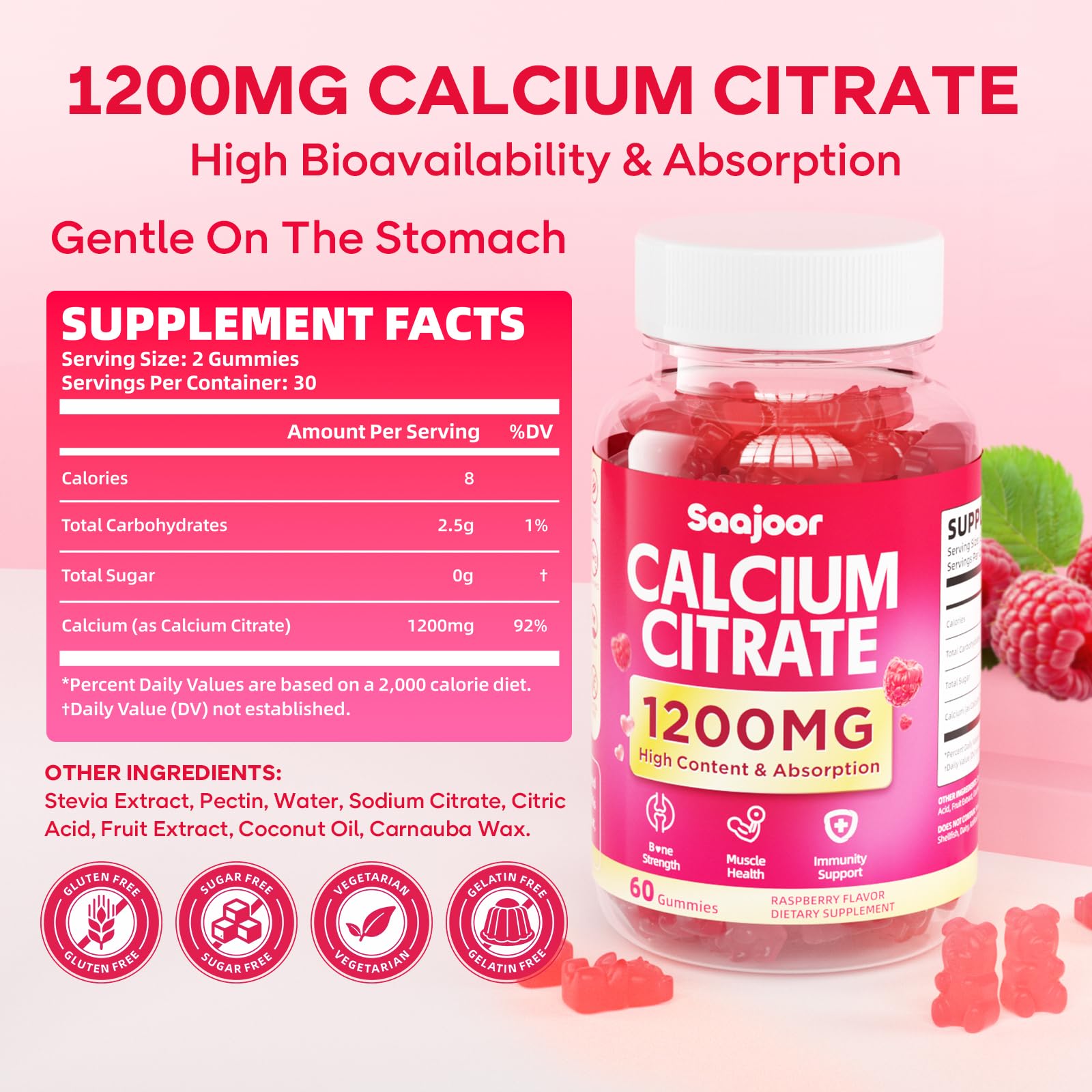 Saajoor calcium citrate gummies raspberry closeup highlights tasty sugar free calcium intake