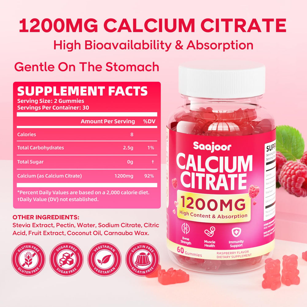 Saajoor calcium citrate gummies raspberry closeup highlights tasty sugar free calcium intake