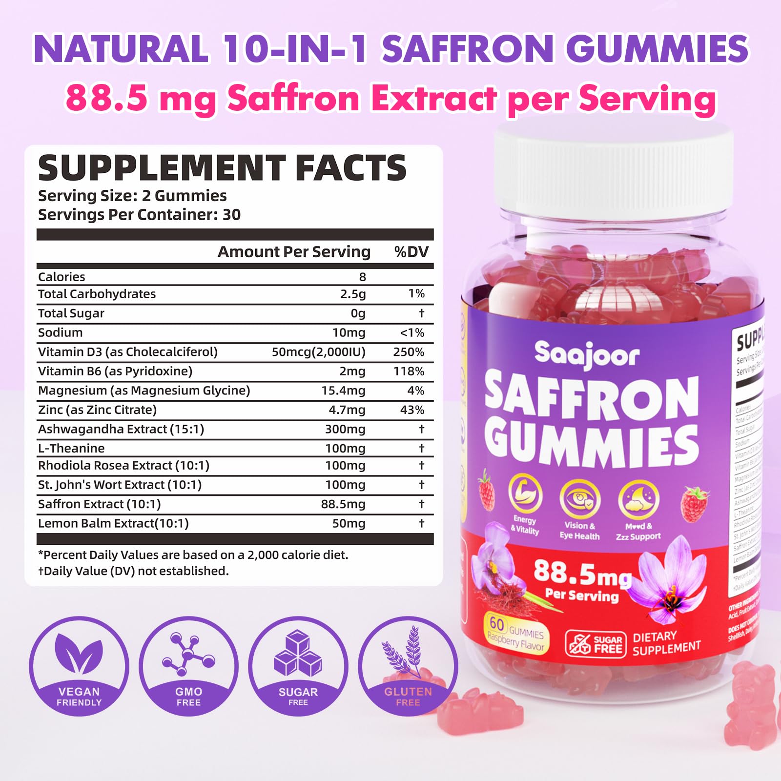 Saajoor saffron gummies bottle on desk for convenient daily wellness.