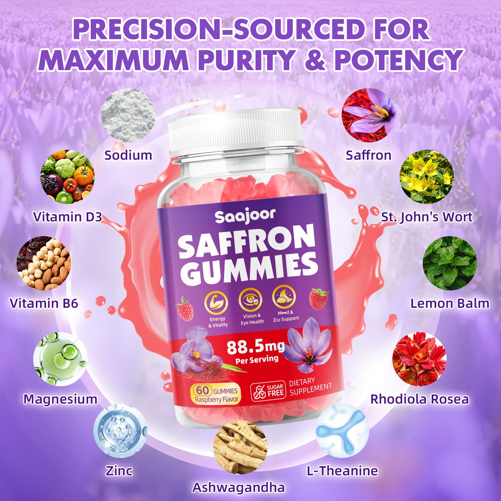 Saajoor saffron gummies daily dose ready to support mood and focus.