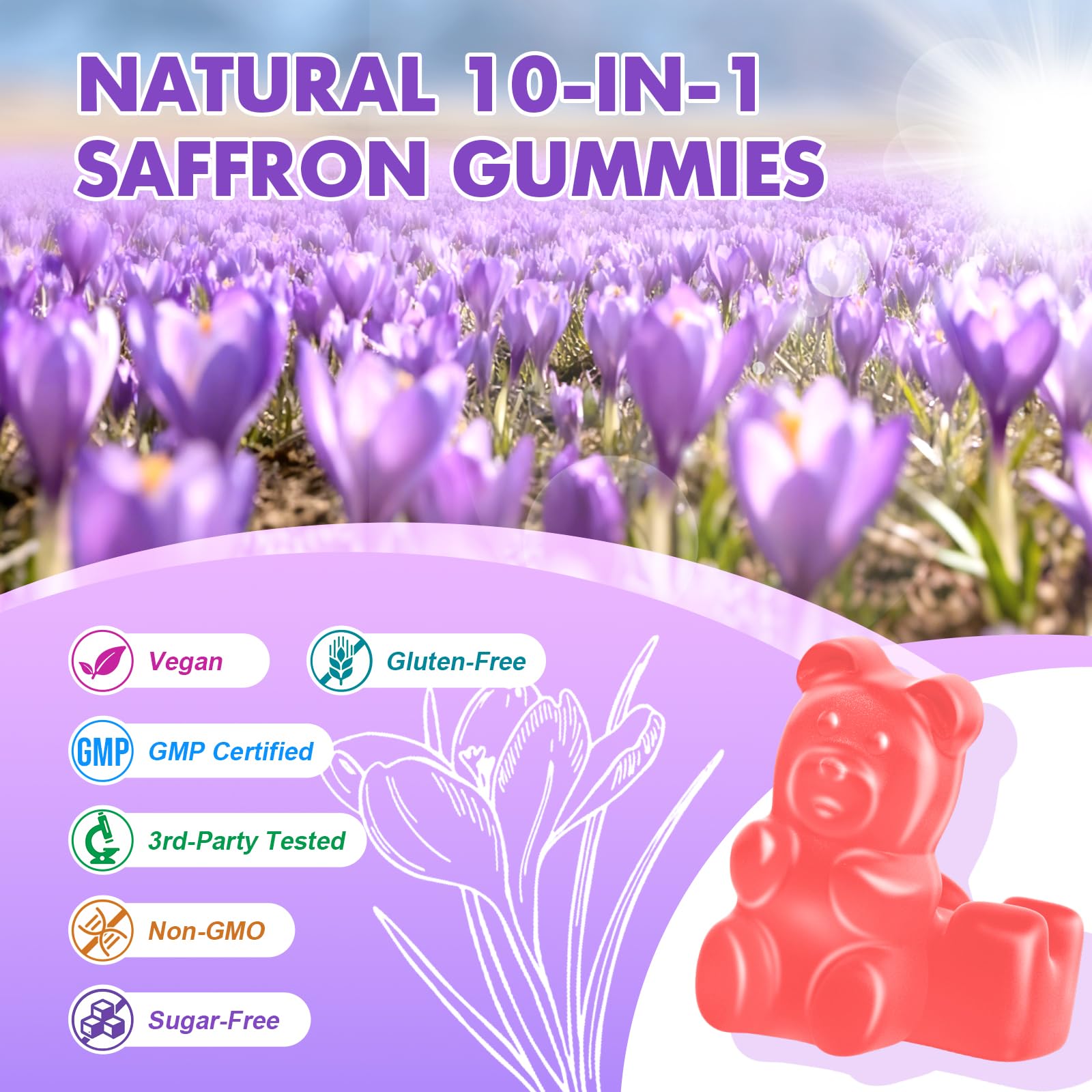 Saajoor saffron gummies ingredients panel highlighting saffron and vitamins.