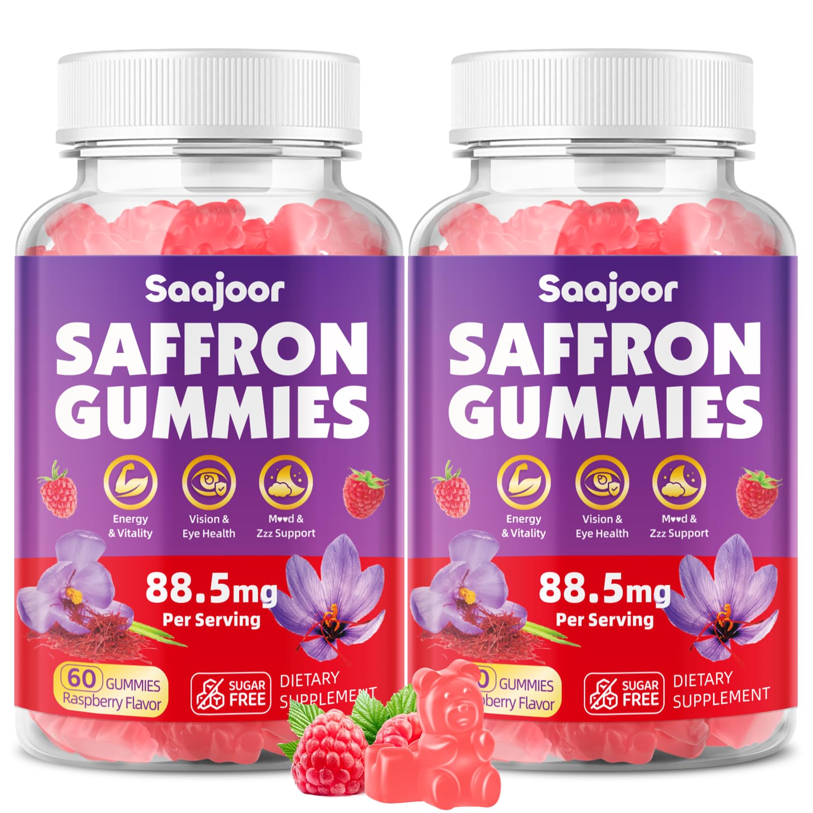 Saajoor Saffron Gummies raspberry flavor for daily mood support and focus.