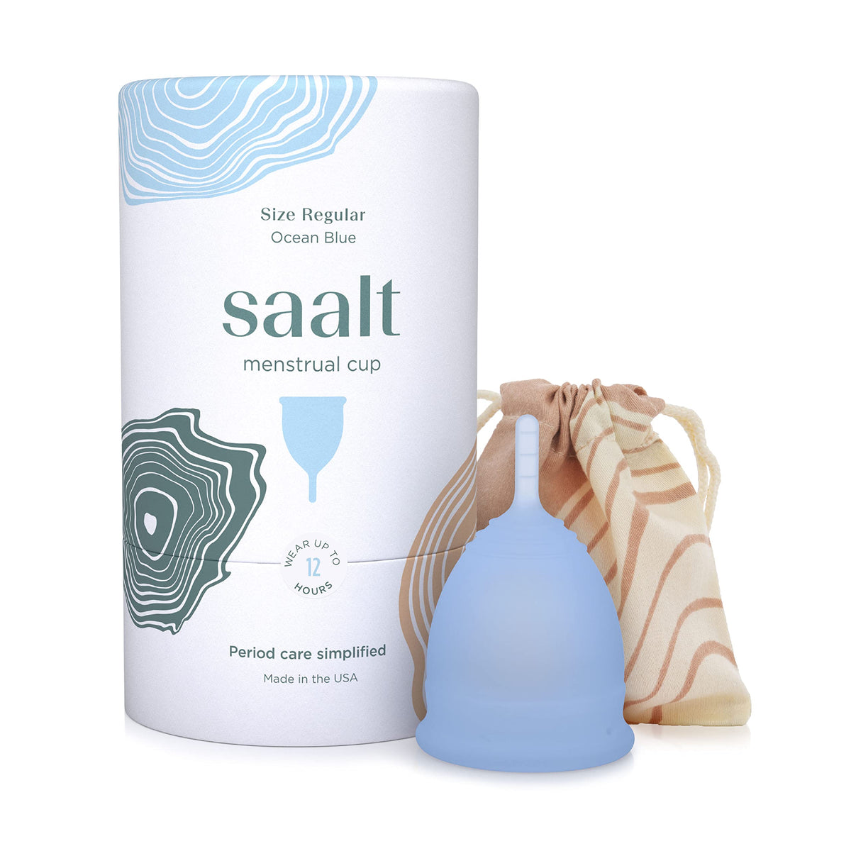 Saalt menstrual cup in Ocean Blue opened for leak-free wear.