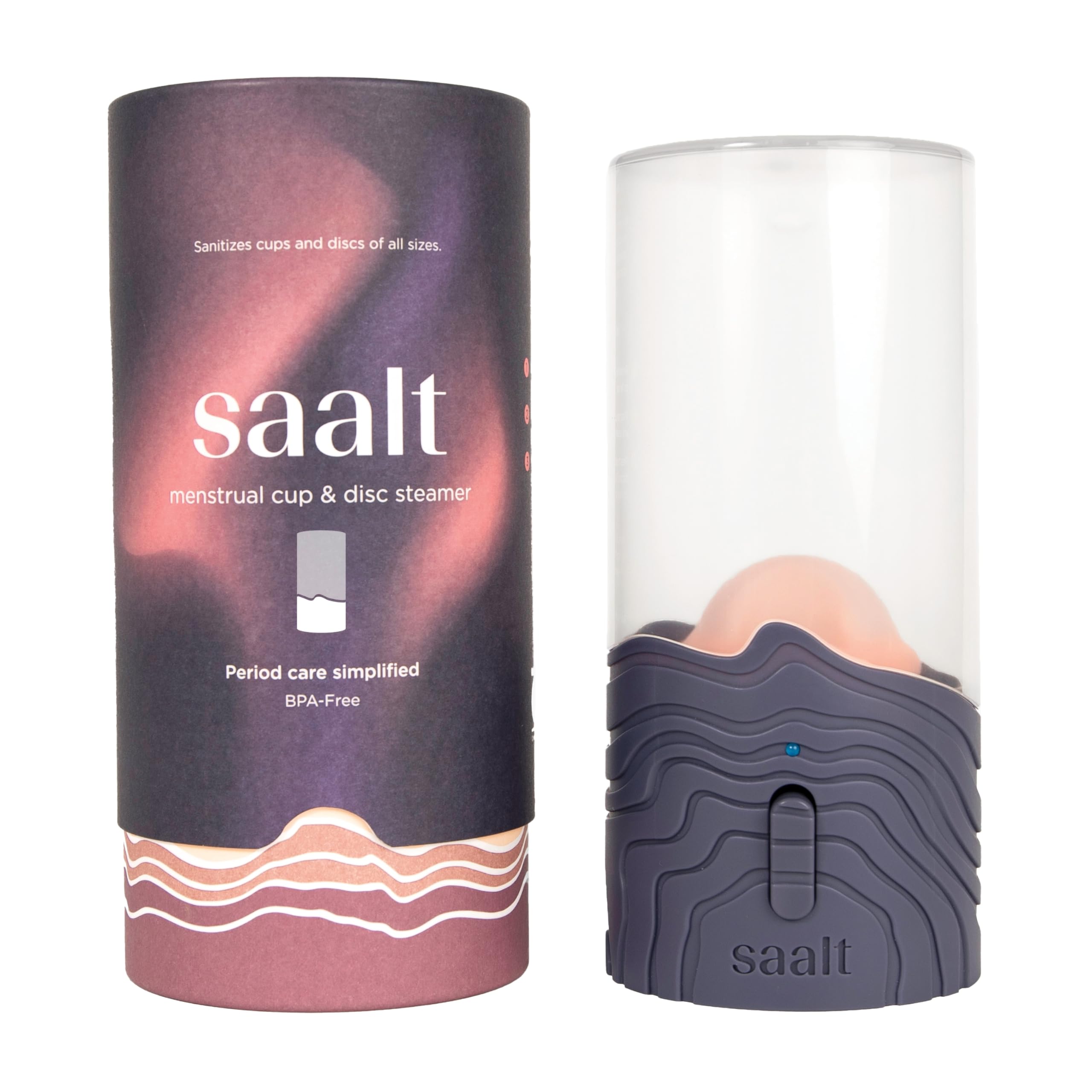 Saalt Menstrual Cup Steamer Blue Dusk front view ready for quick sanitizing