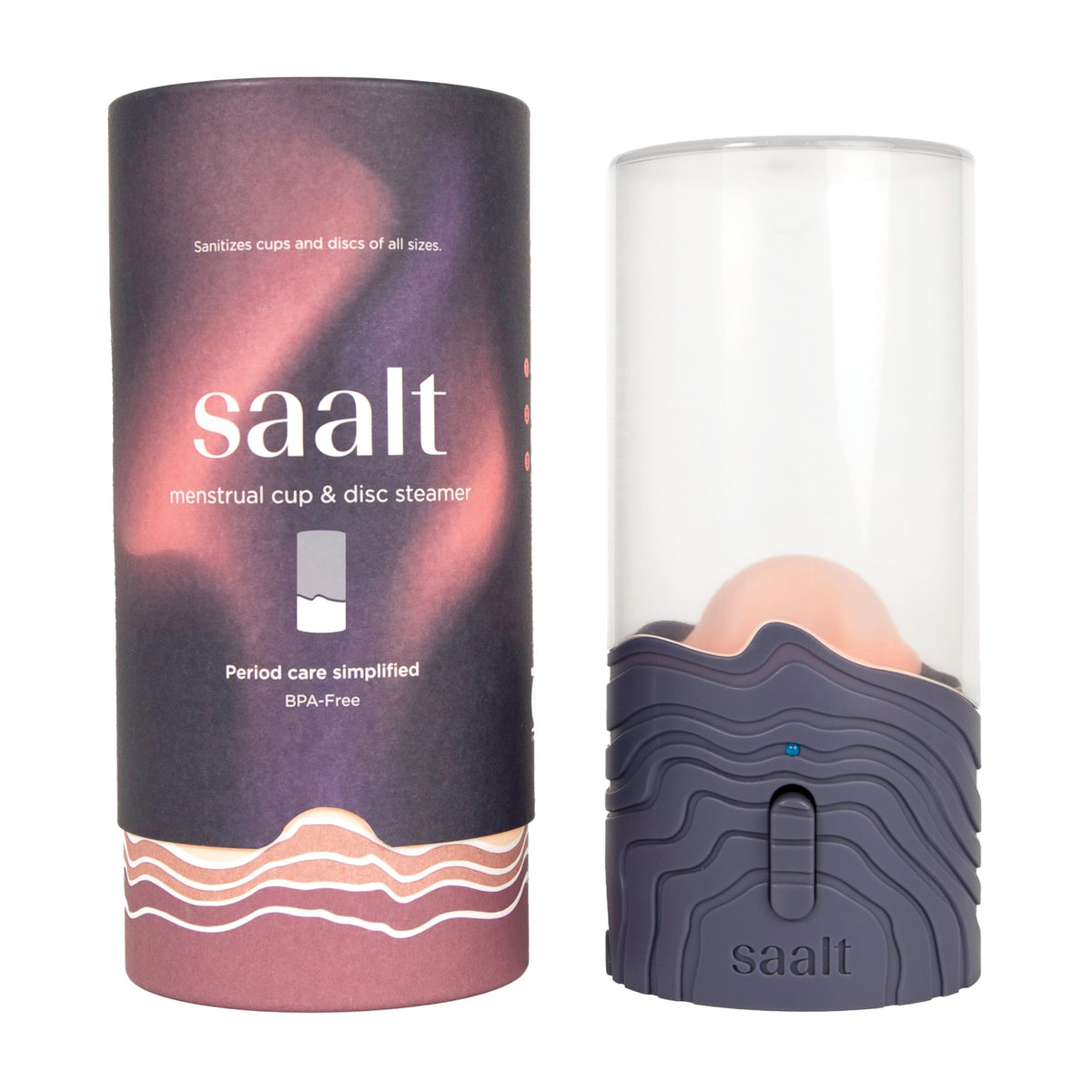 Saalt Menstrual Cup Steamer Blue Dusk front view ready for quick sanitizing