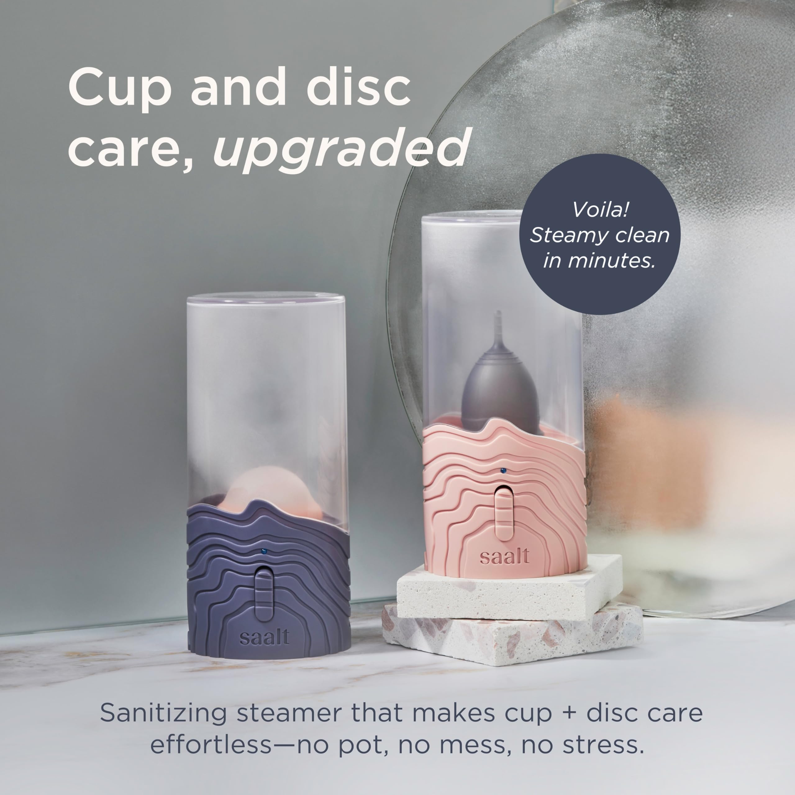 Saalt Menstrual Cup Steamer demonstrates one-button sanitizing