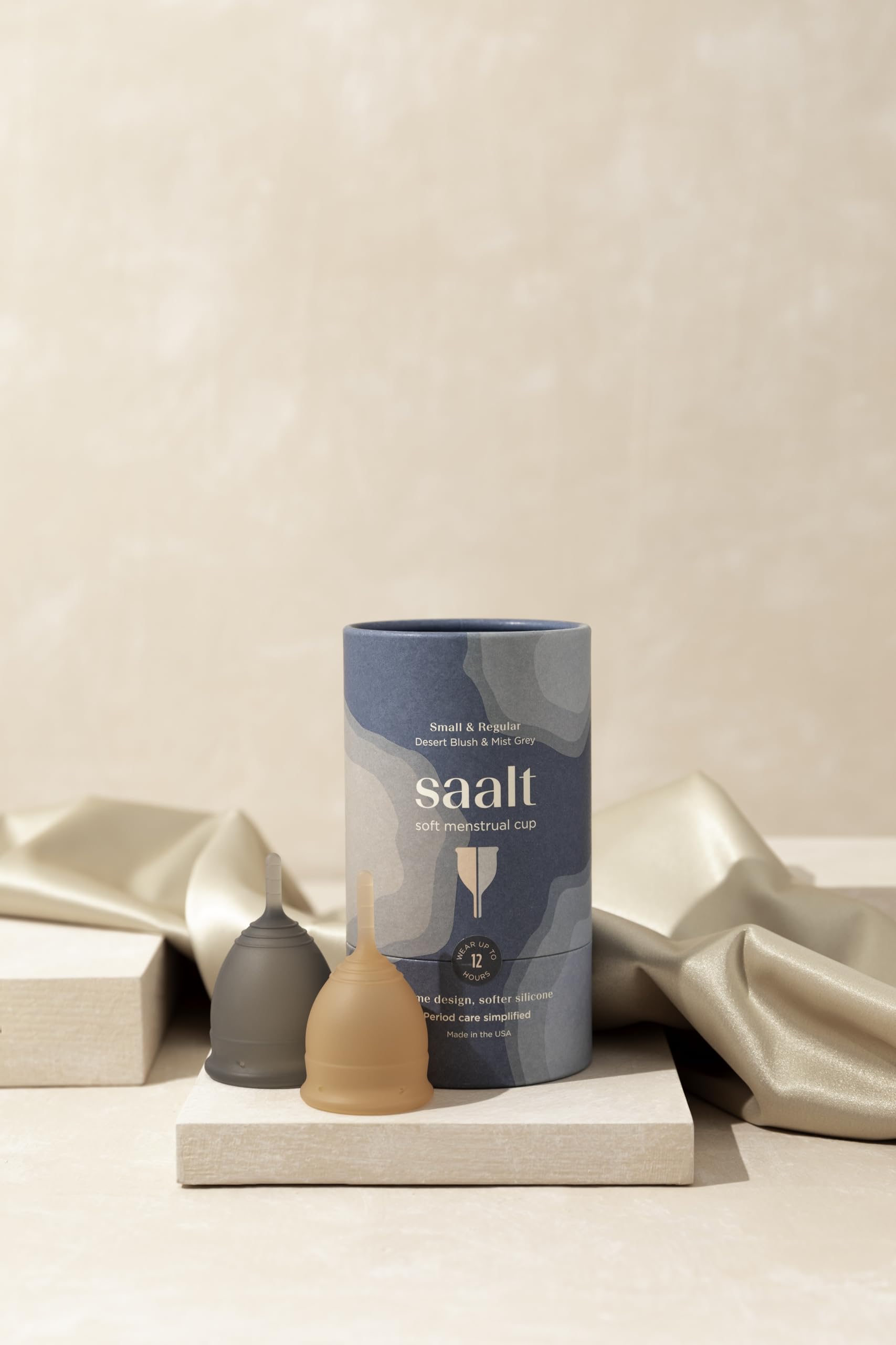 Saalt Soft Cup brand box highlighting compact, ready-to-store design