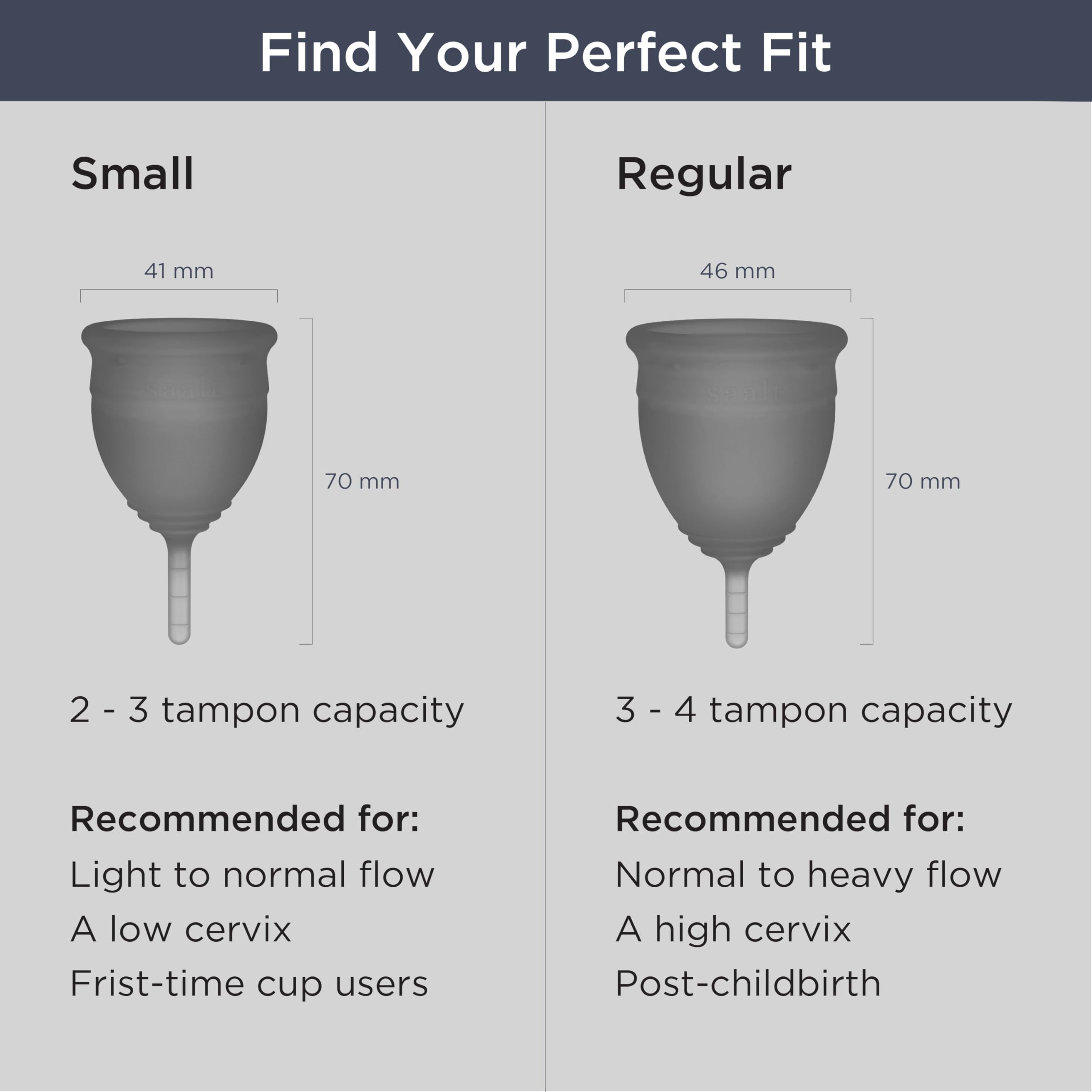 Saalt Soft grey cup carried with breathable cotton pouch for discreet storage.