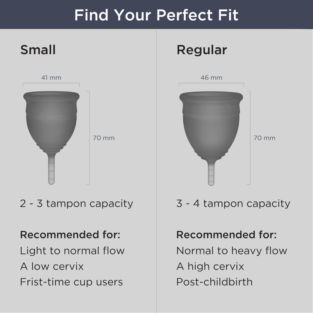 Saalt Soft grey cup carried with breathable cotton pouch for discreet storage.