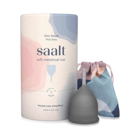 Saalt Soft packaging view shows a compact, travel-ready cup for discreet storage.