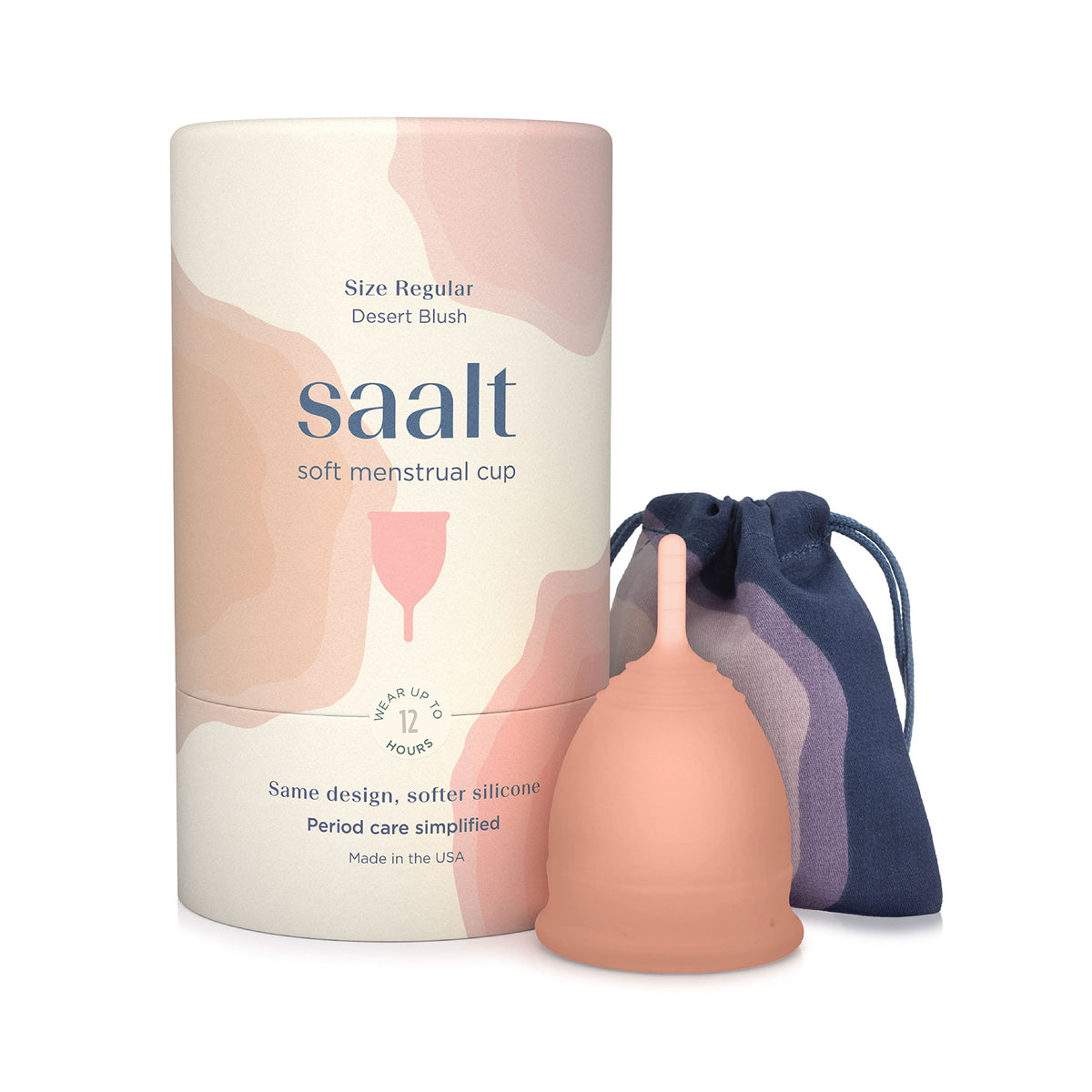 Saalt Soft menstrual cup in hand, showing compact, comfortable design for active days.
