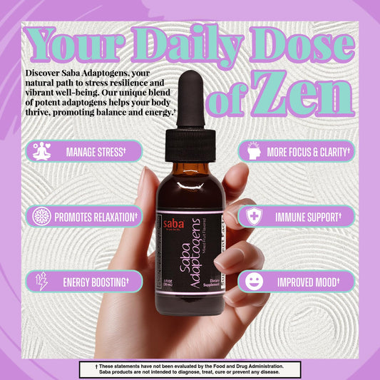 Saba Adaptogens ginger drops on countertop for daily mood balance