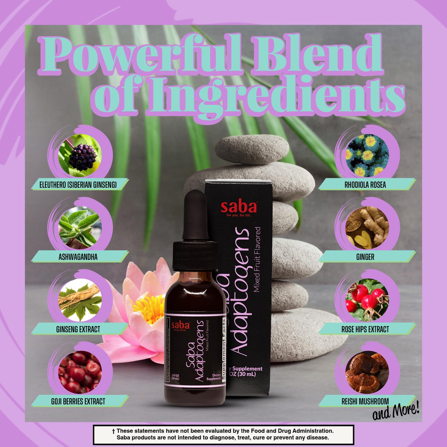 Saba Adaptogens ginseng drops bottle indicating alertness and stamina
