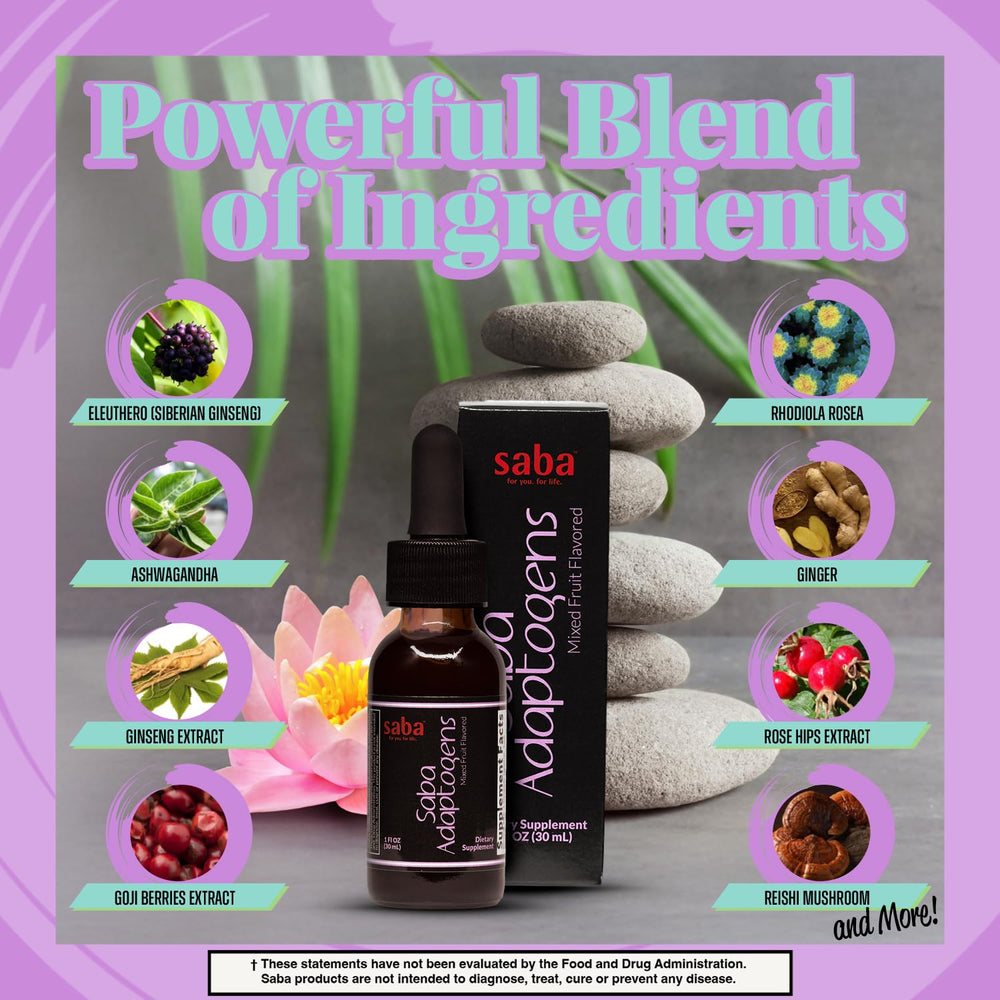 Saba Adaptogens ginseng drops bottle indicating alertness and stamina