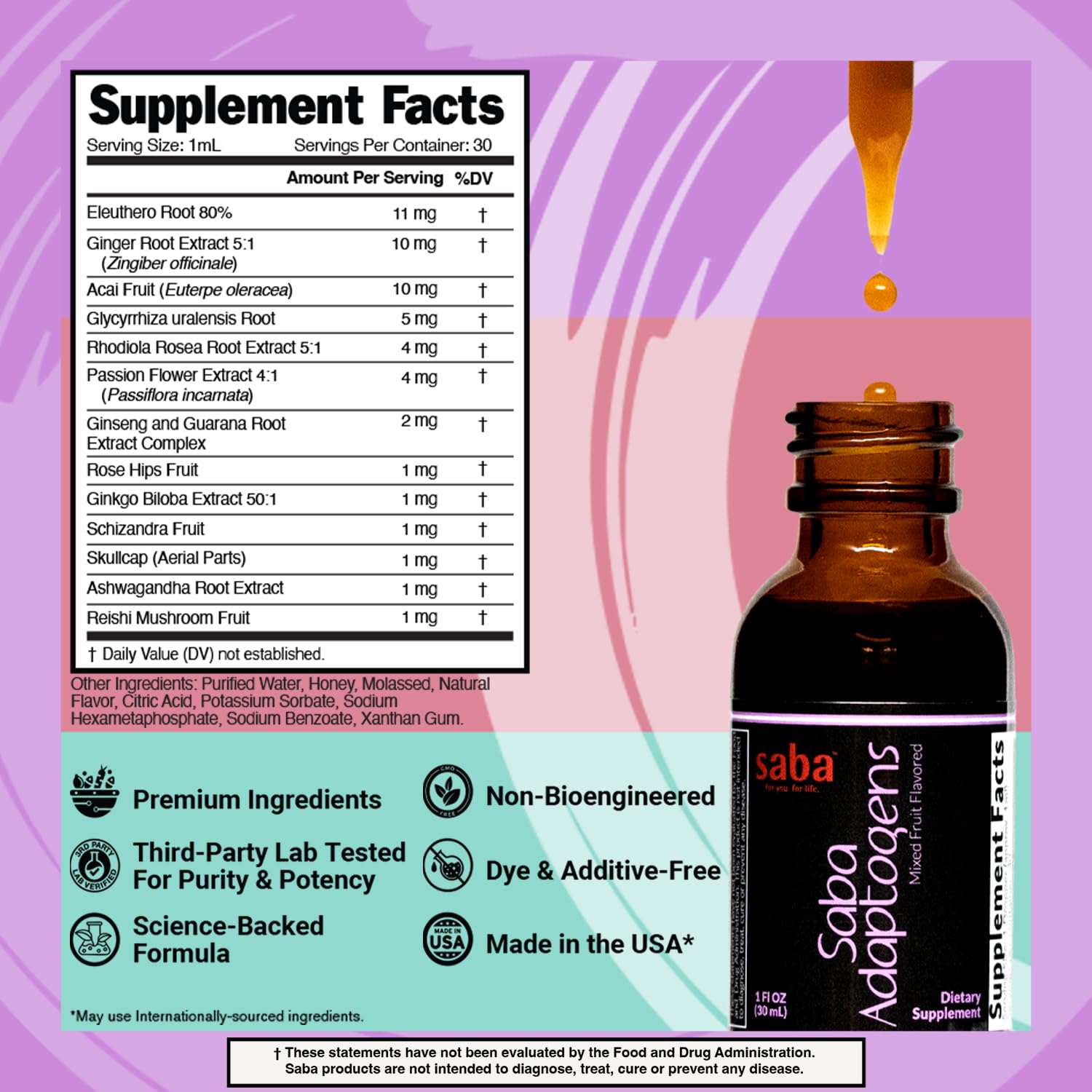 Saba Adaptogens rhodiola drops showing label for focus