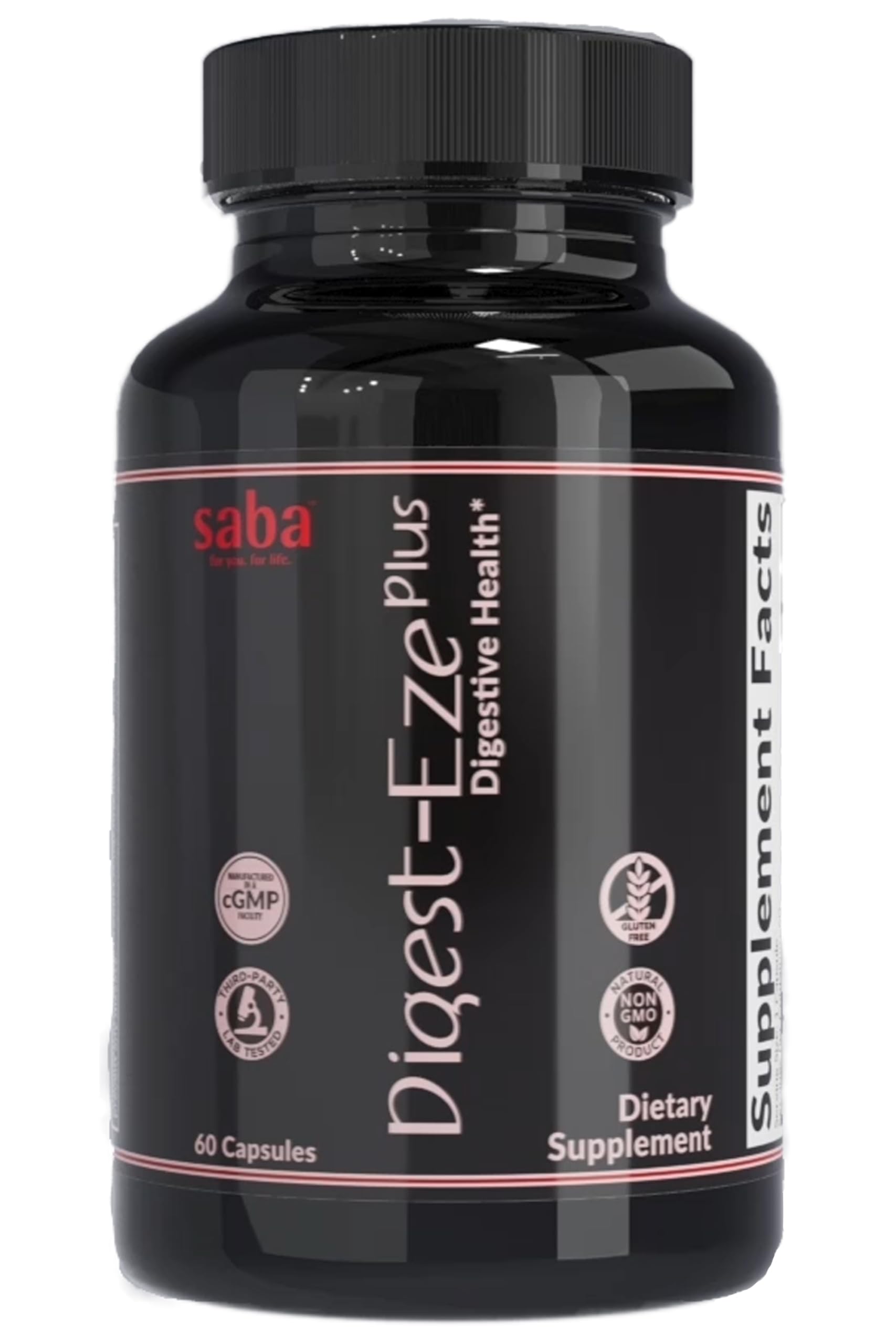 Saba Digestive-EZE Plus bottle front showing the enhanced enzyme formula for balanced digestion.